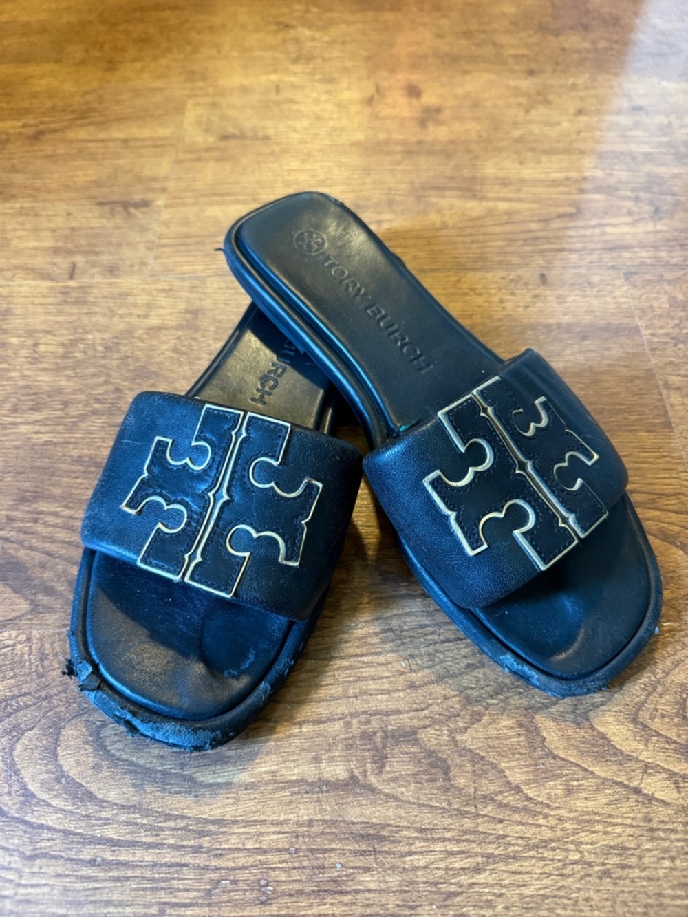 Tory Burch Black Leather Slide Sandals with Gold Logo